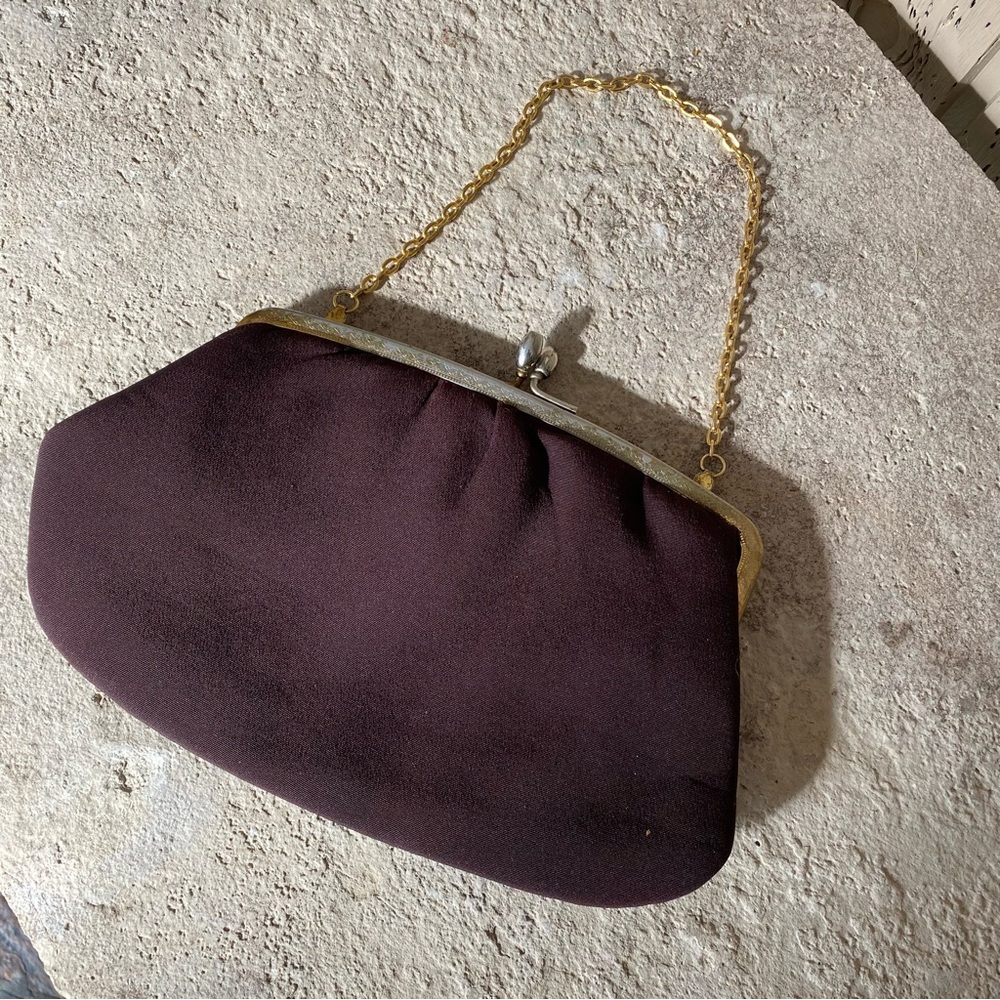 Chic Vintage Burgundy Brown Clutch with Gold Accents